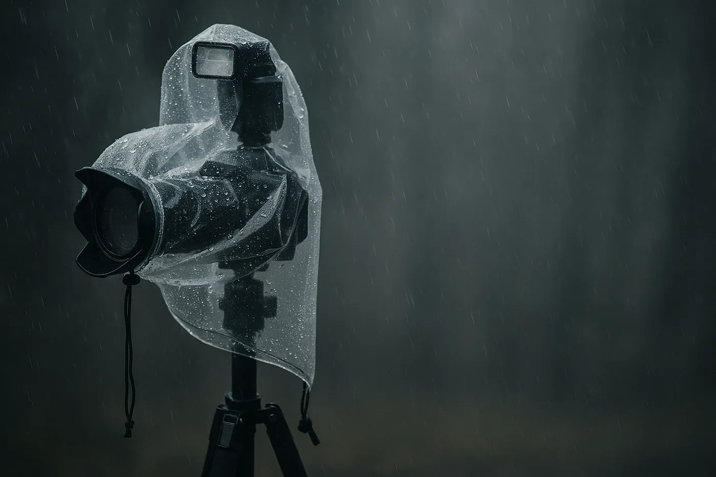 Clear Rainskin camera rain cover over a mirrorless body in the rain