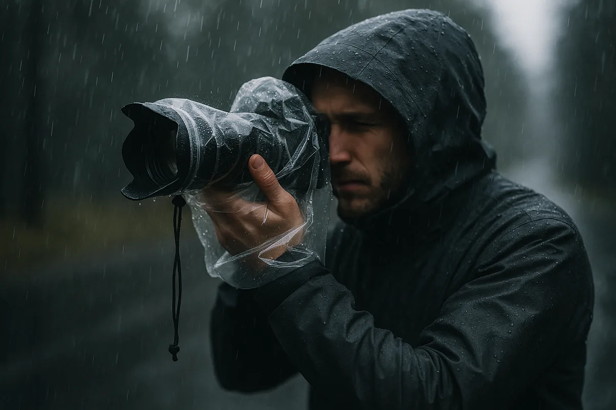 Photographer shooting outdoors with a Rainskin clear rain cover on a DSLR